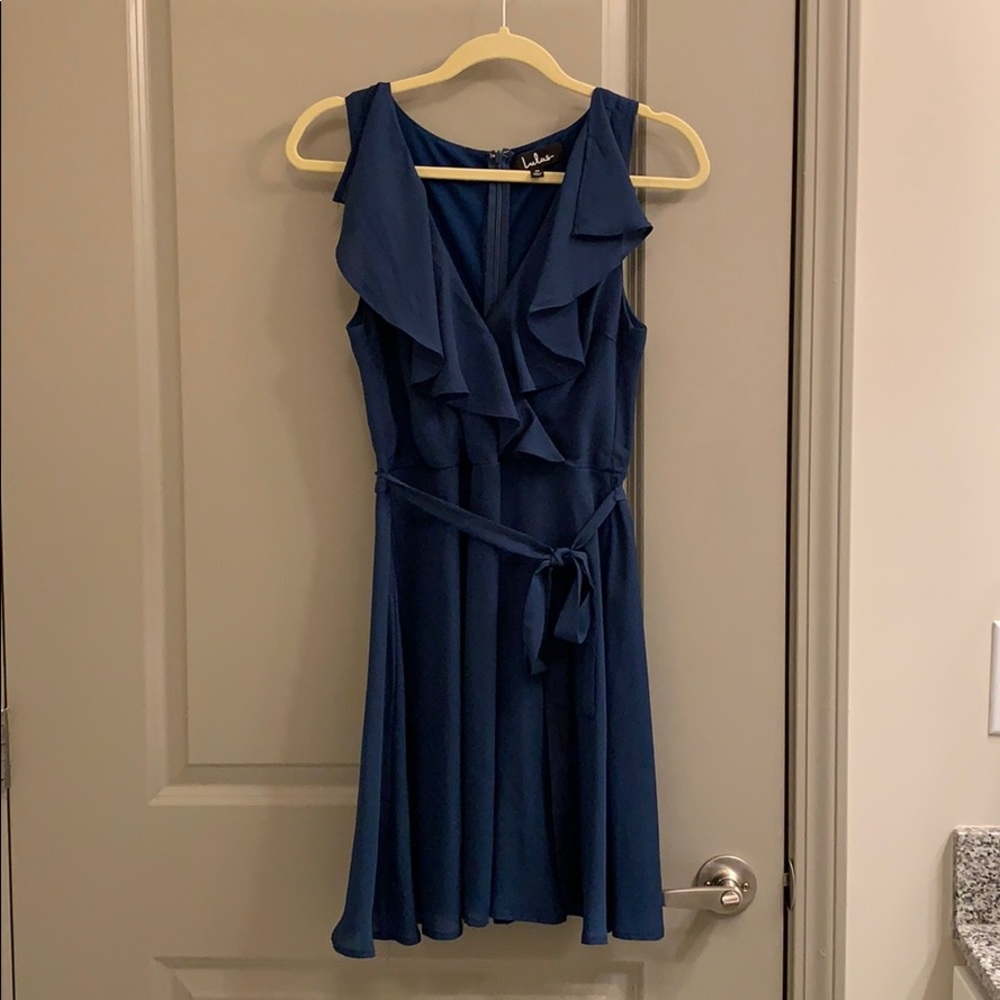 Teal ruffle mock wrap dress